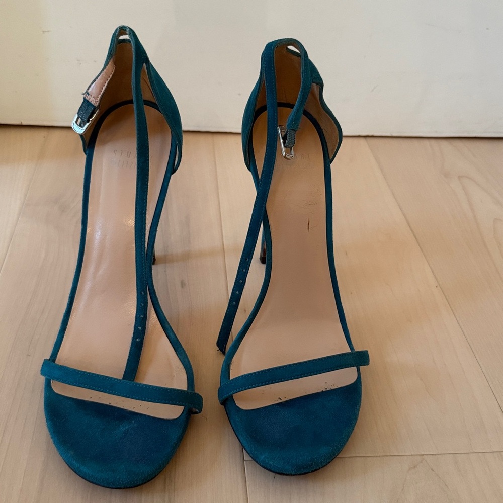 Stuart Weitzman Nudist Turquoise Teal Suede Stiletto Heeled Sandals Women 8.5 M